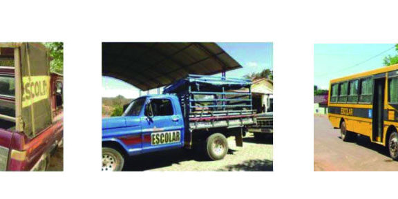 Três fotos com meios de transporte, duas caminhonetes e um ônibus.