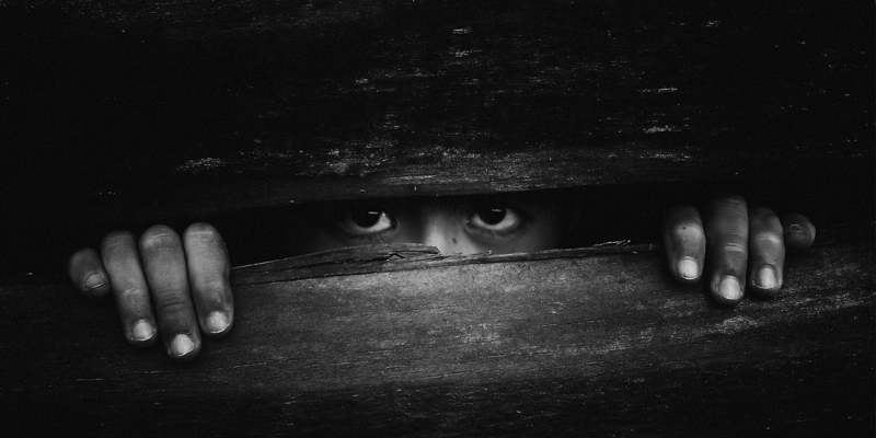 Foto em preto e branco de criança olhando por fresta de táboa