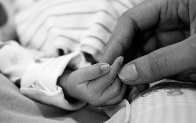 Foto em preto e branco de mão de adulto segurando mão de bebê