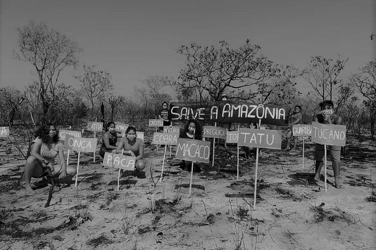 Foto em preto e branco. Jovens de máscara, com placas escritas: ONÇA, MACACO, TATU, TUCANO, COBRA, PREGUIÇA, CATIRU, entre outras. No fundo, uma grande placa escrita "Salve a Amazônia".