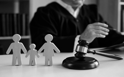 Foto em preto e branco mostra, ao fundo, um juiz e, à frente, bonequinhos representando uma família. A imagem representa a busca por um Sistema de Justiça acessível, amigável e sensível à primeira infância