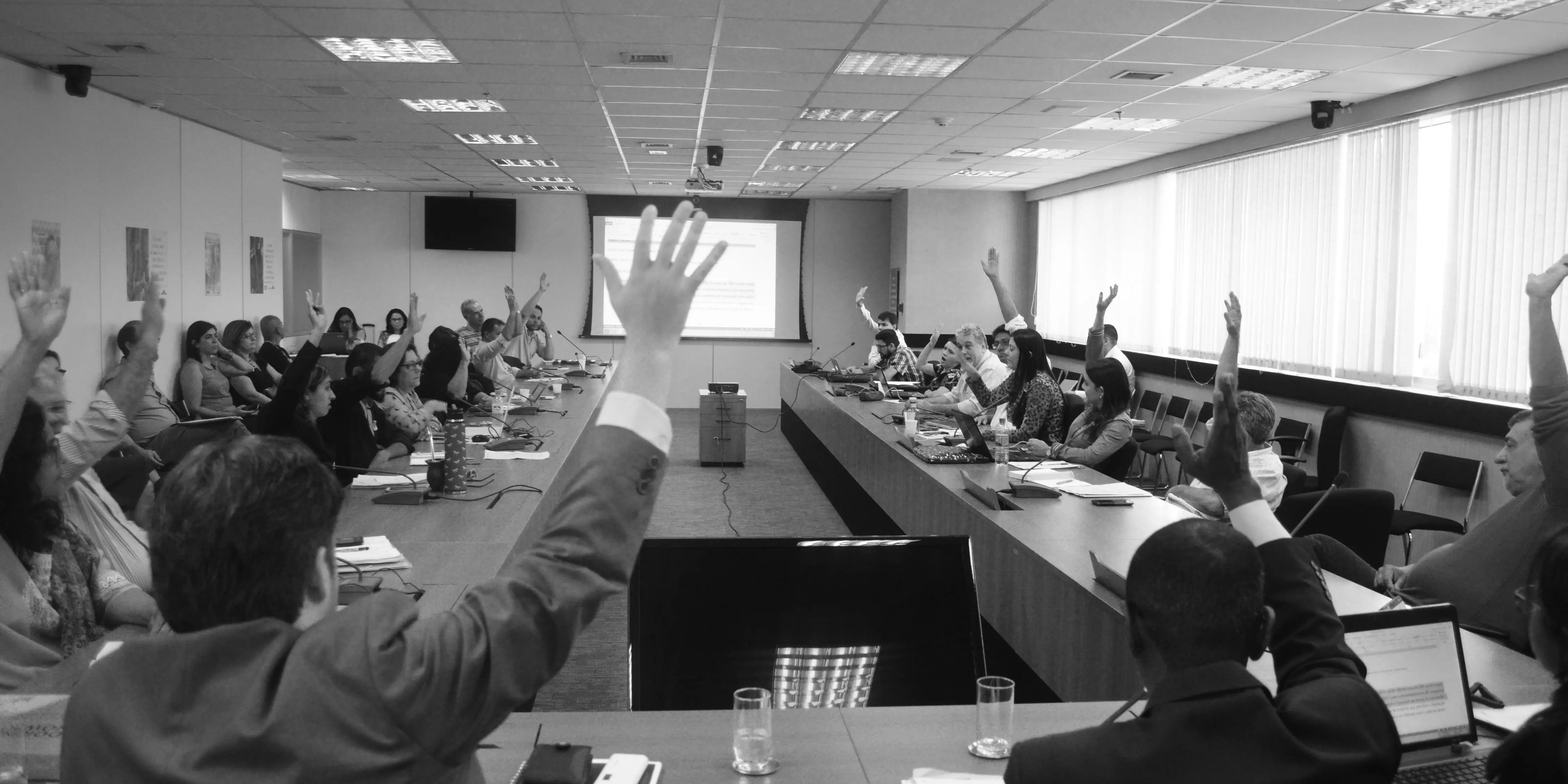 Foto de Assembleia Ordinária do Conanda. Pessoas sentadas em mesa com as mãos levantadas durante votação